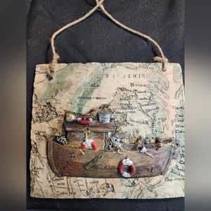 VTG Ceramic Map Virginia (?) Wall Hanging Plaque Tile Metal Ship Boat Nautical